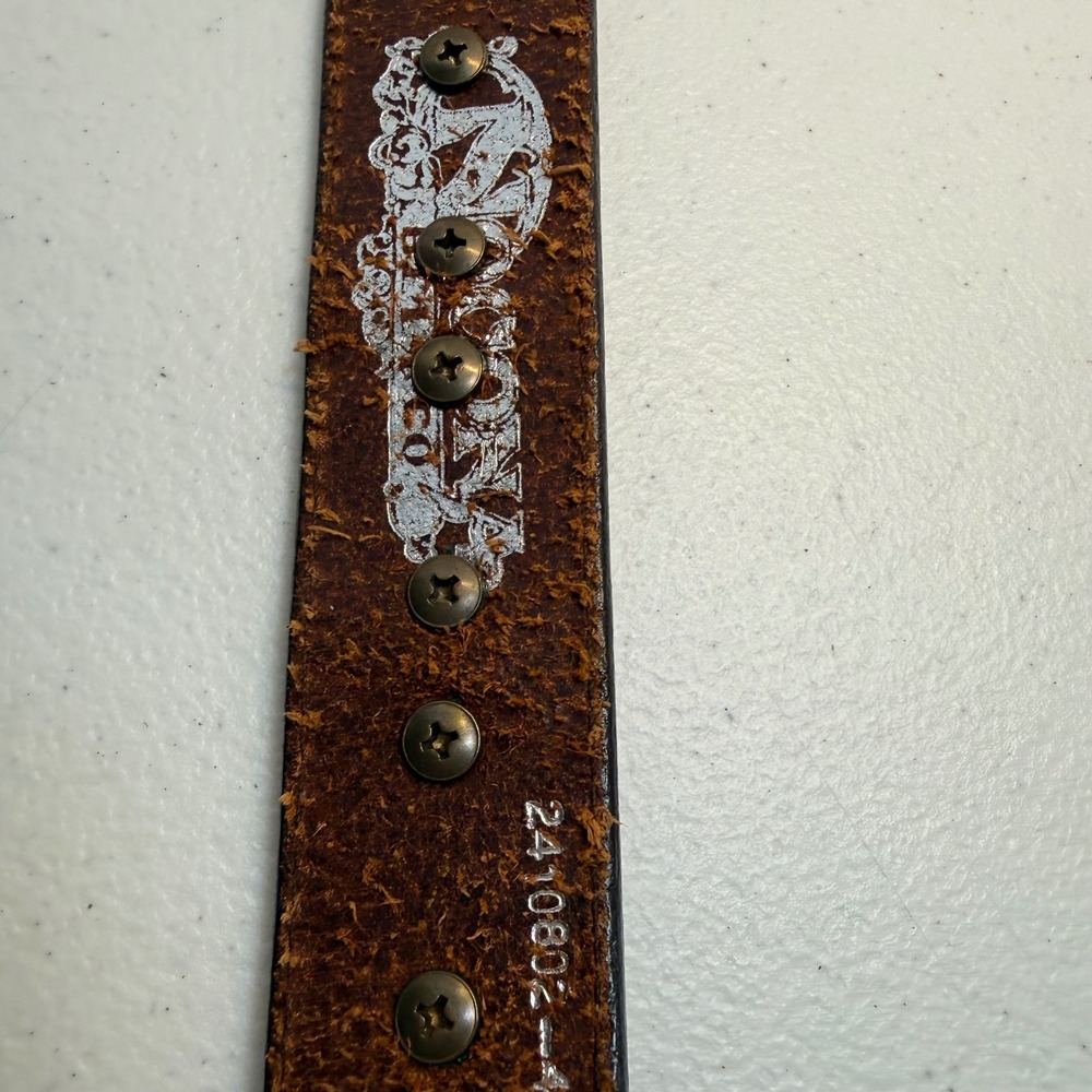 Nocona Belt Co Silver Overlay Conches Floral Embossed Metal Rawhide Belt 42 - Picture 14 of 16